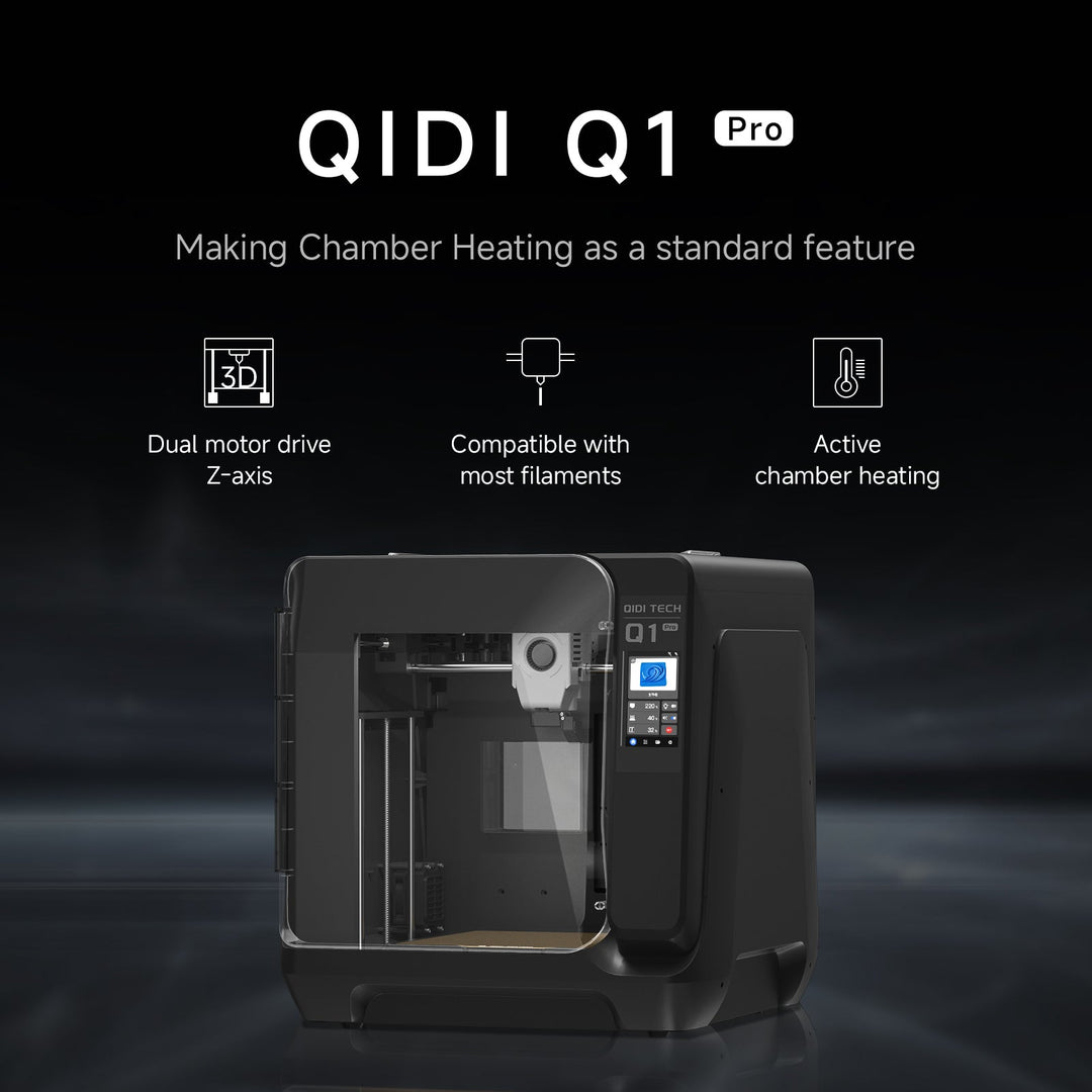 QIDI Q1 Pro 3D printer with active chamber heating and dual motor drive.