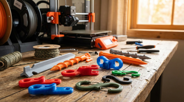 3Dプリントキャンプ用品：テントペグ、クリップ、ランタンフック