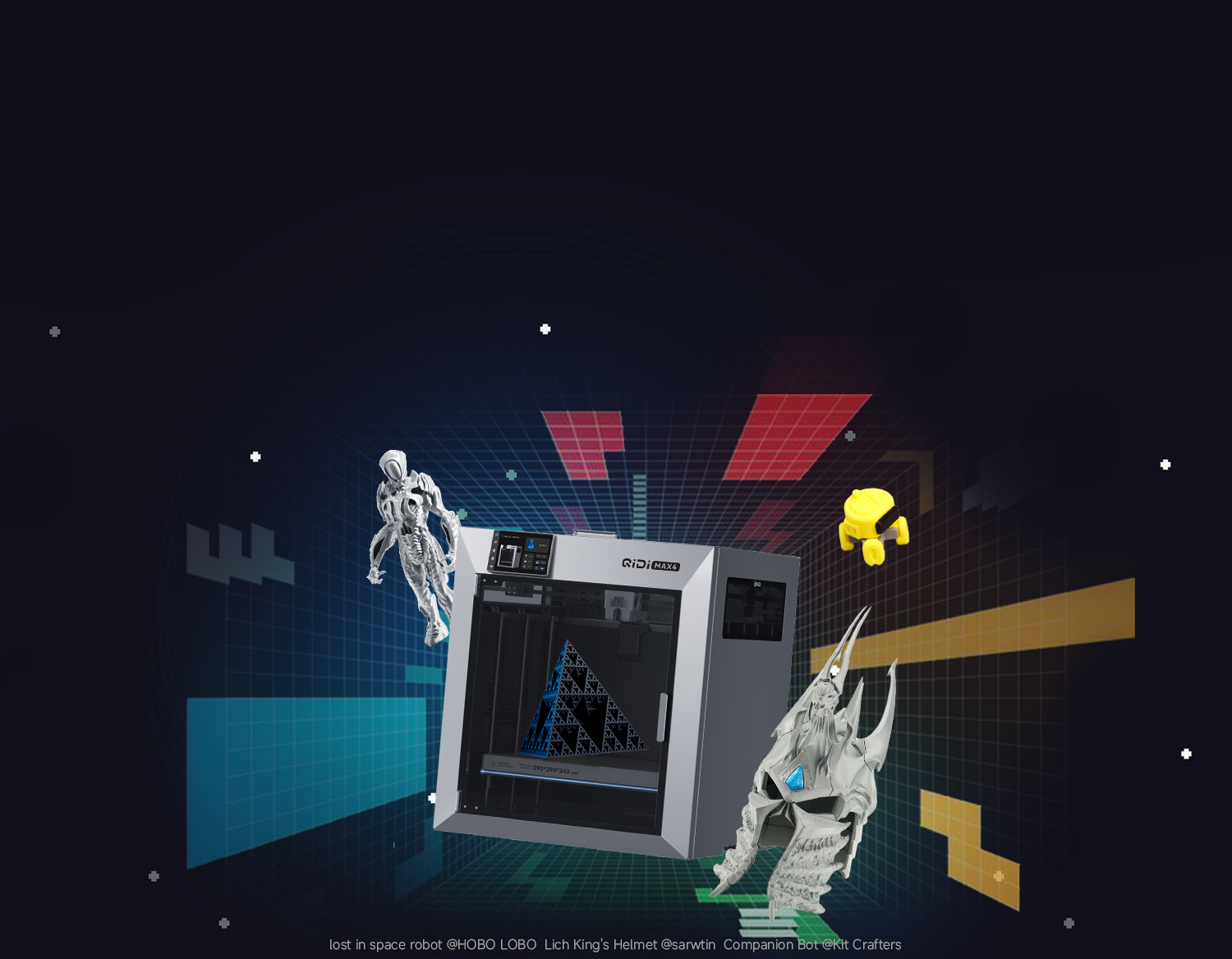 A QIDI 3D printer surrounded by floating 3D-printed models including a robot, helmet, and fractal on a dark grid