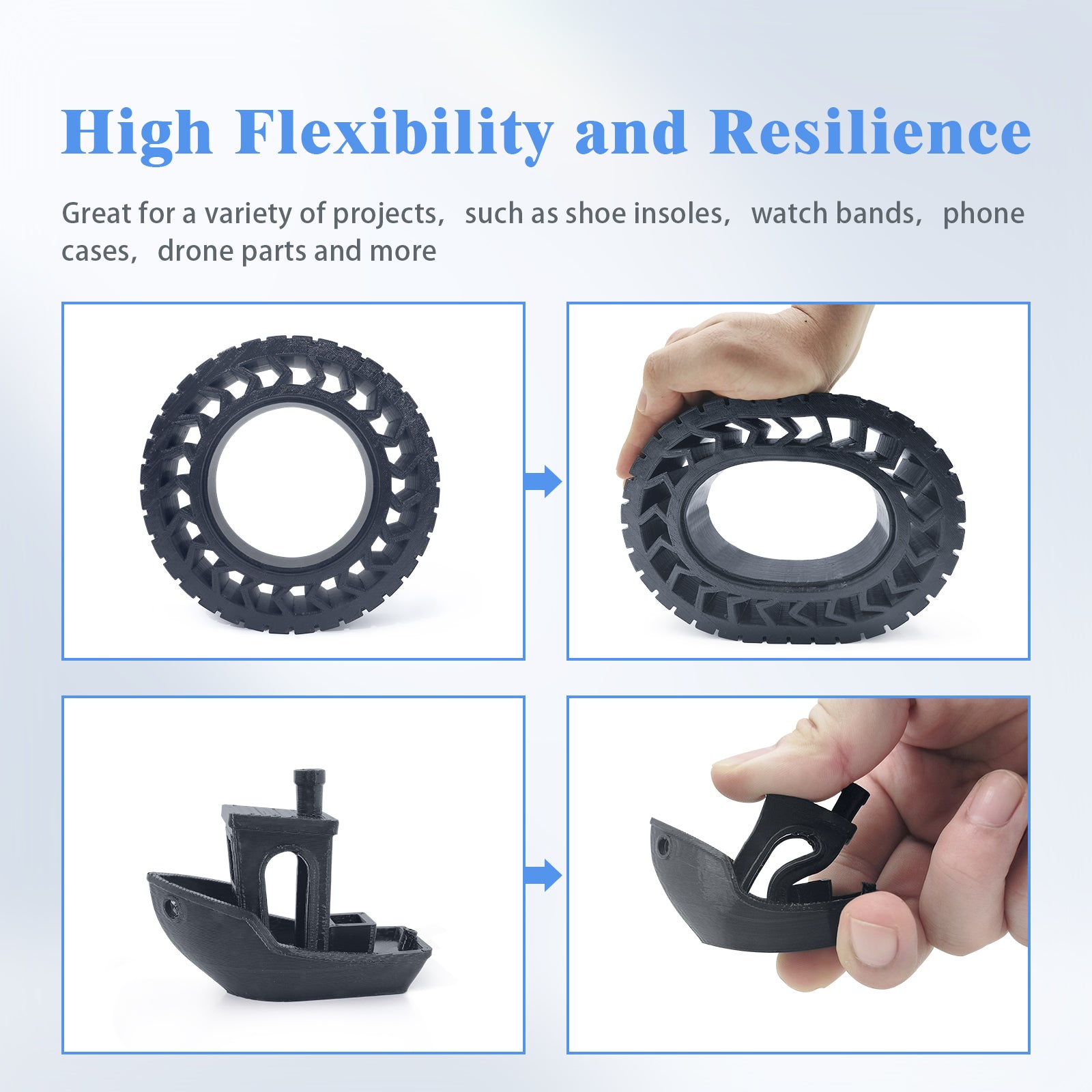 QIDI TPU95A-HF filament printed parts: flexibility and resilience