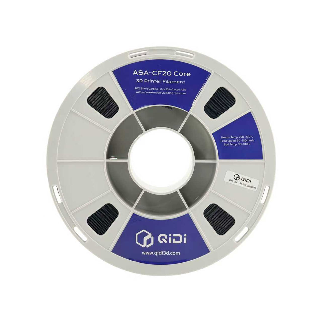 20%の短炭素繊維強化ASAを特徴とする、QIDI ASA-CF20 Core 3Dプリンター用フィラメントスプールの斜視図。